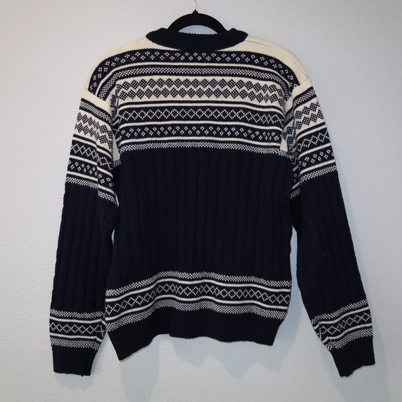 JCPenney Sweater Vintage Mens Knit Top Fair Isle Retro Crewneck Blue White M - Picture 12 of 14